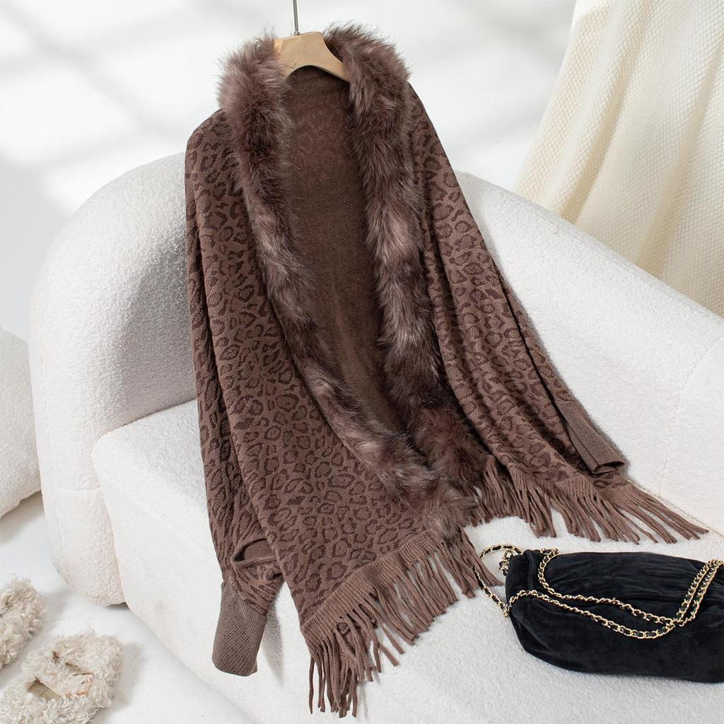 Autumn/Winter Leopard Print Fur Collar Batwing Sleeve Cardigan for Women