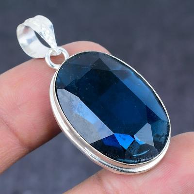 Natural London Blue Topaz Handmade 925 Sterling Silver Pendant 1.81" J6V83