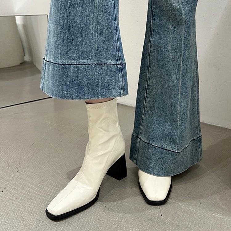 High Heel Square Head Skinny Boots Short Boots Women's Thick Heel Retro Martin Boots British Short Boots Single Boots