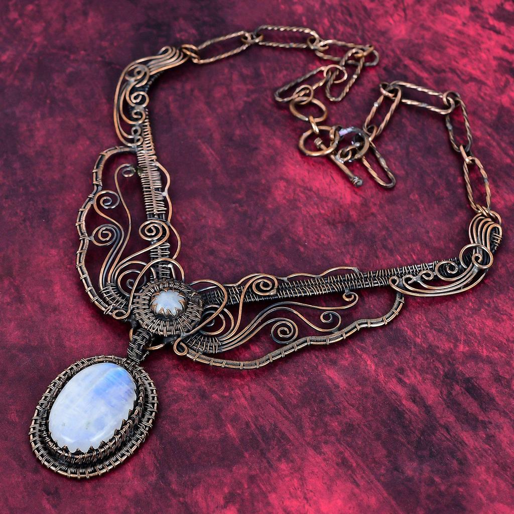 Rainbow Moonstone Necklace Adjustable Chain Necklace Copper Wire Wrapped Jewelry
