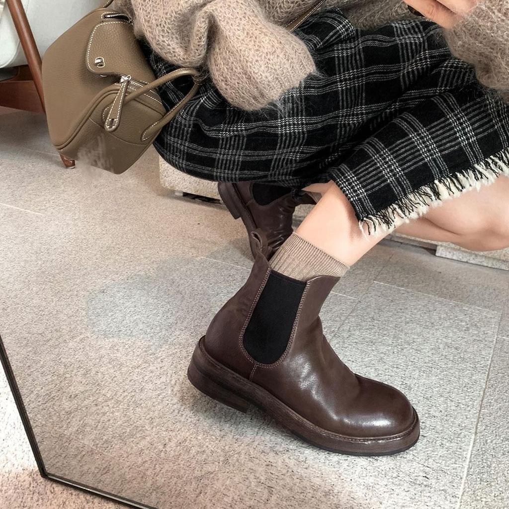 Grape Mom Same Washed Leather Pleated Boots Thick Heel Thick-soled Cigarette Tube Elastic Boots Chelsea Short Boots Autumn and Winter Boots