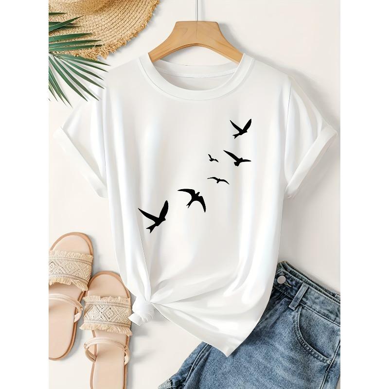 European Size Women'S Modern Style Short-Sleeved T-Shirt with Soaring Swallows Pattern | Casual, Cute, Fashionable