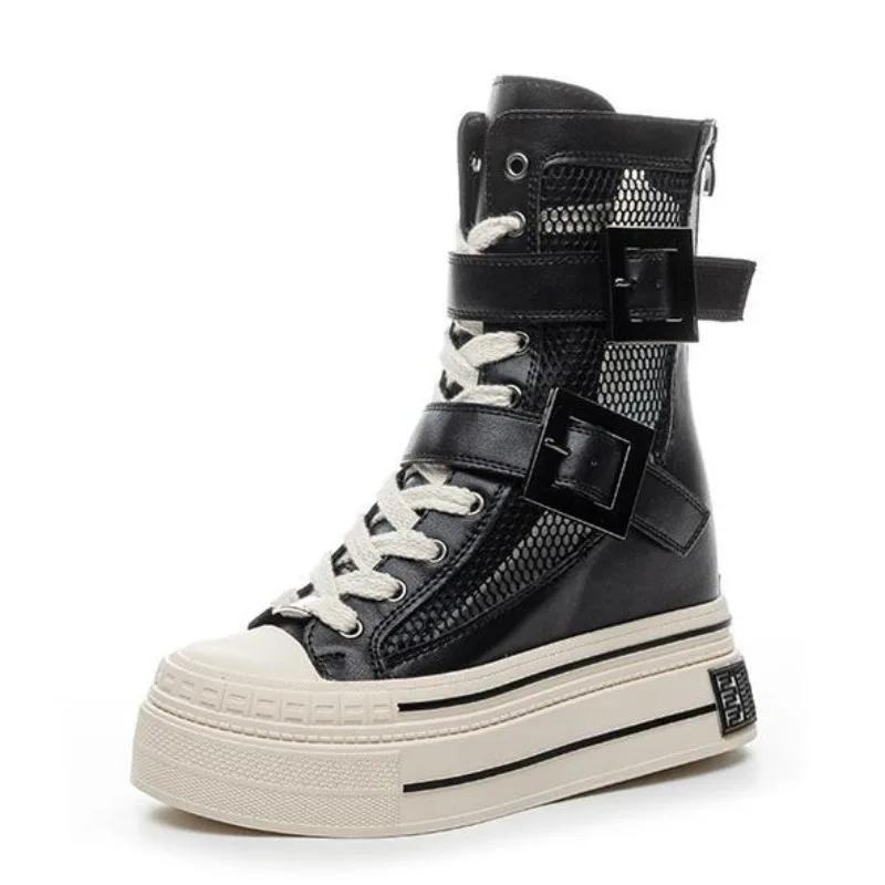 Fashion 12CM Hollow Patent Leather Summer Breathable Buckle Wedge Platform Wedge ZIP Fashion Sandals Casual Knee High Ankle Boots Shoes