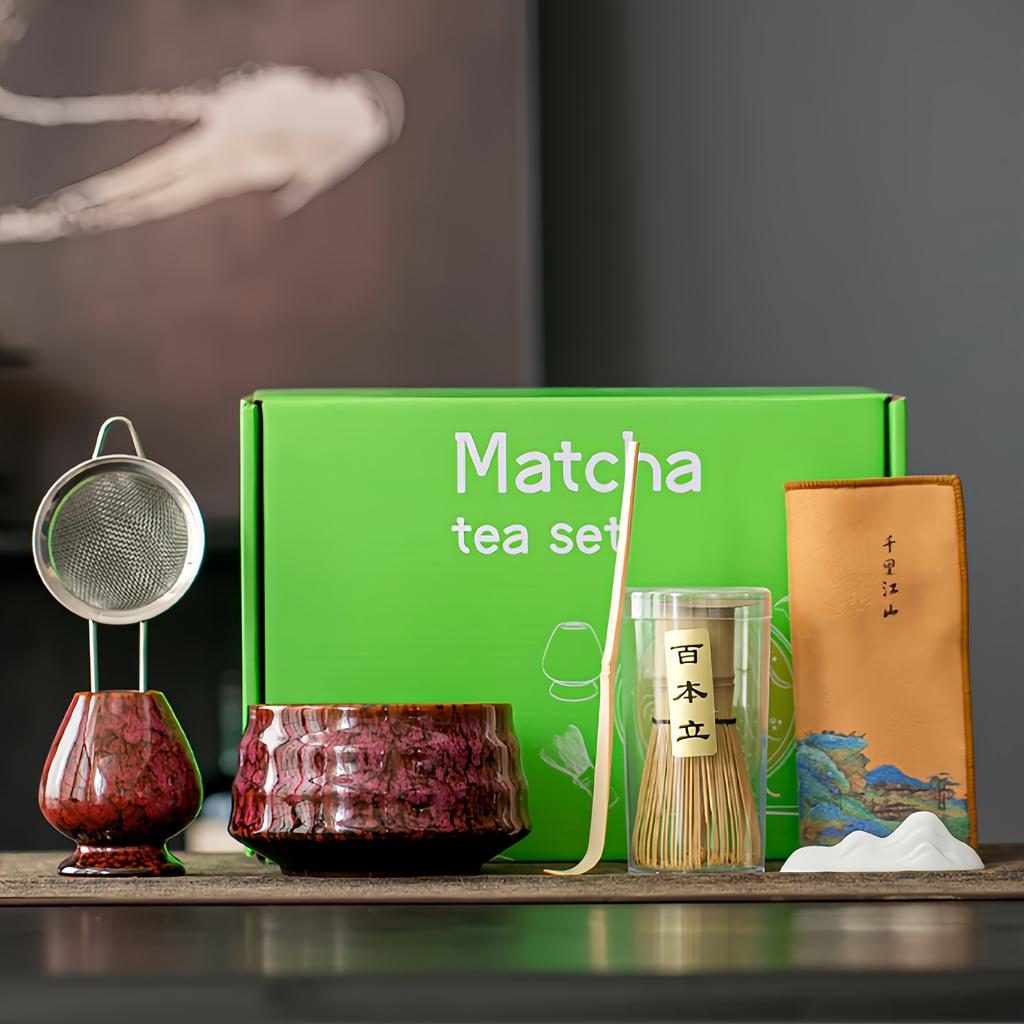 7pcs Set of Kiln-Transformed Glaze Ceramic Matcha Bowl with Tea Spoon, Filter, and Matcha Brush For Matcha Latte Tea Ceremony