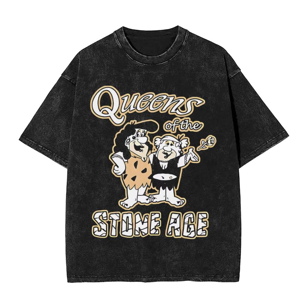 Camiseta Retro para Hombre de la Banda Queen of The Stone Age Lavada Camisetas Divertidas Manga Corta Cuello Redondo Ropa de Algodón Puro