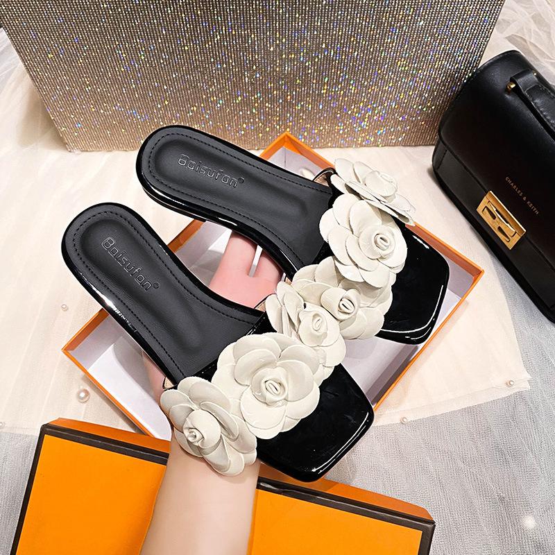 Fashion designer camellia slippers women black white mixed color slides shoes ladies flower decoration flip flops floral sandalias mujer