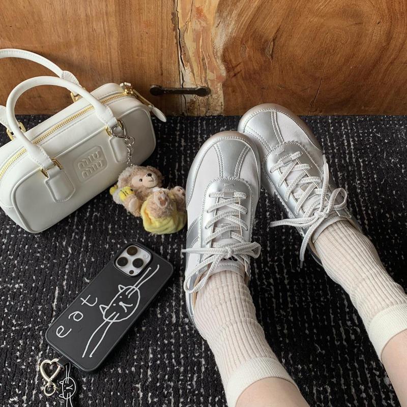Cowhide version~ Shoes contrasting color shoelaces soft sole soft surface versatile round head casual sports shoes women