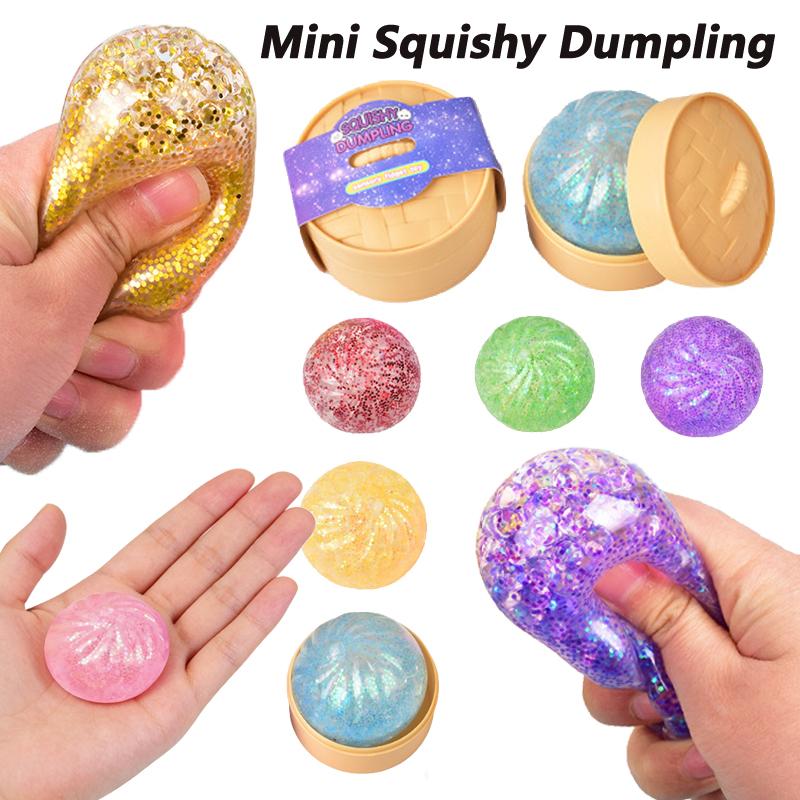 Steamer Bun Sensory Stress Ball Squeeze Toy Glitter Colored Squishy Dumpling Decompression Ball Fidget Toy for Anxiety Relief