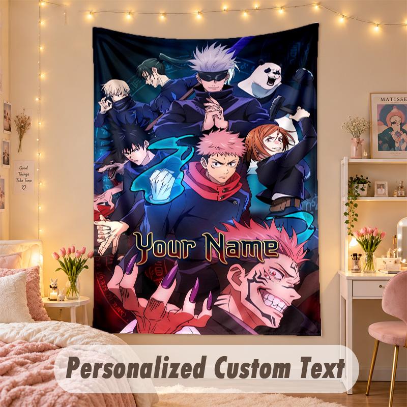 Benutzerdefinierter personalisierter Wandteppich, Jujutsu Kaisen Druck Benutzerdefinierter Name Text Wandkunst zum Aufhängen für Schlafzimmer