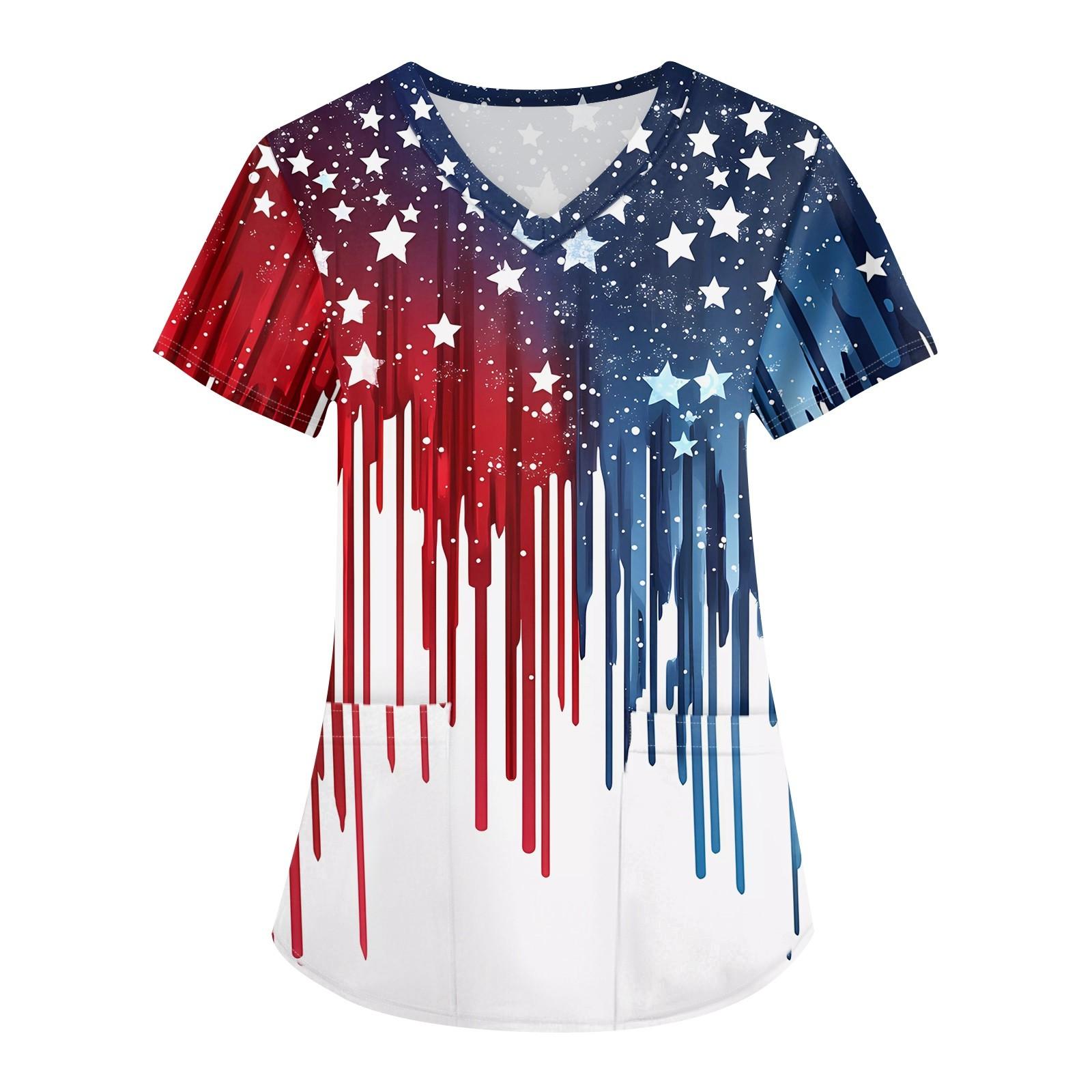 

Женская мода V-образный вырез короткий рукав рабочая одежда с карманами День независимости принтованные топы L белый