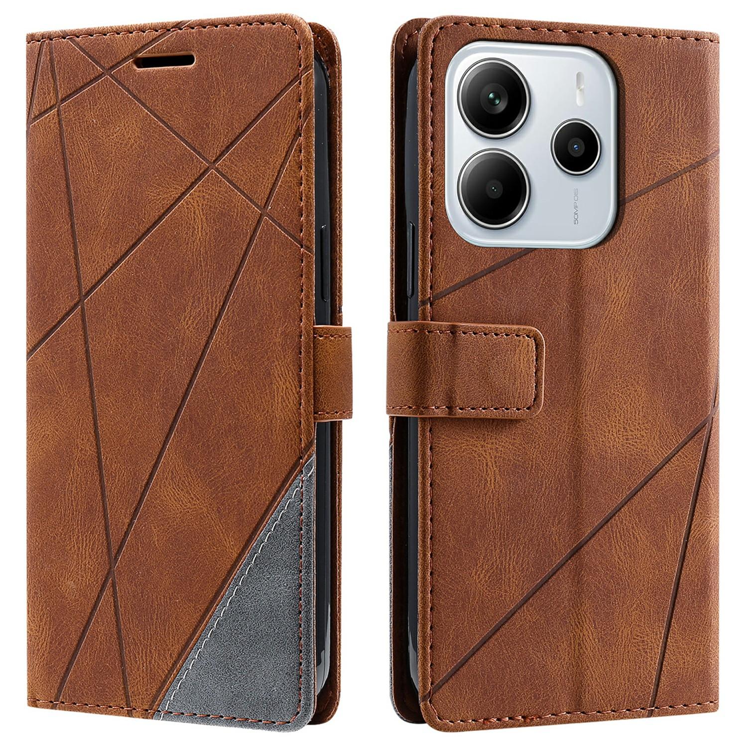 

For Xiaomi Redmi Note 14 4G (163.25mm) Case Imprinted Lines PU Leather Splicing Wallet Phone Cover Brown