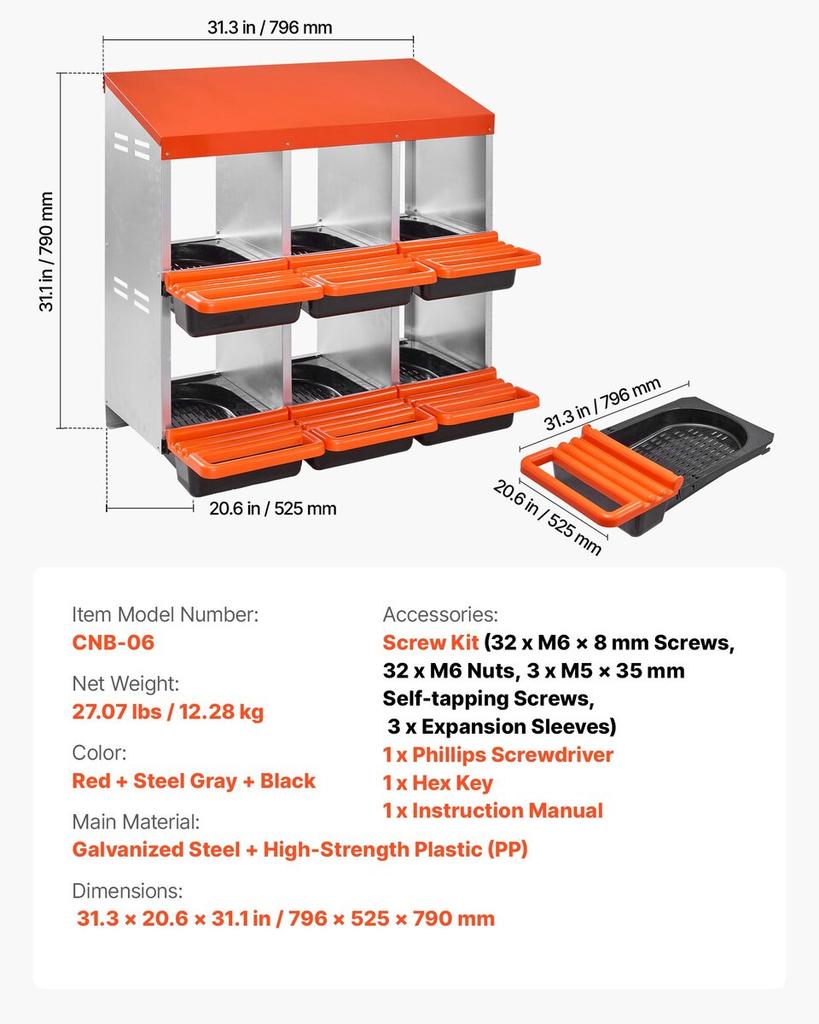 2 Tiers Chicken Nesting Boxes, 6 Compartments, Metal Egg Laying Boxes with Protective Collection Lids, Roll Out Nesting Box, Easy to Assemble, Ideal