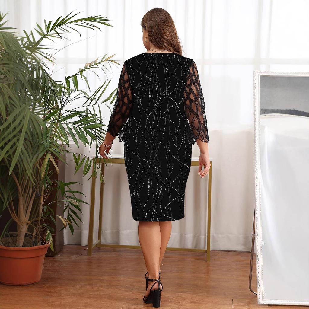 Übergröße Damen Schwarzes Bodycon-Kleid Geometrischer Druck Spitze Ausgestellter Ärmel Midikleid