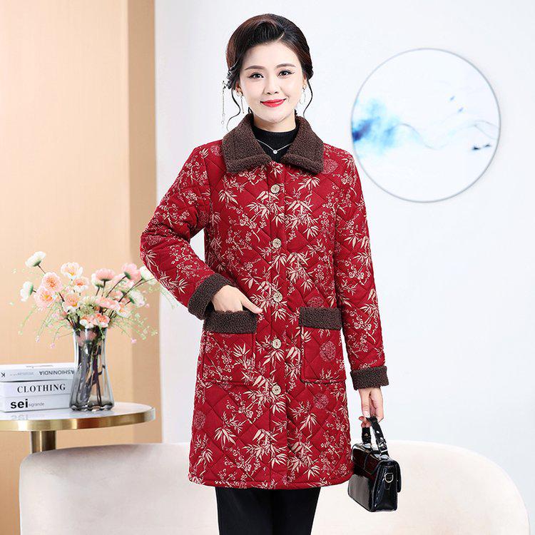 

Floral Cotton-Padded Jacket with Fleece for Middle-Aged and Elderly Women - Mid-Length Winter Coat 4XL (approx. 135-150 kg)