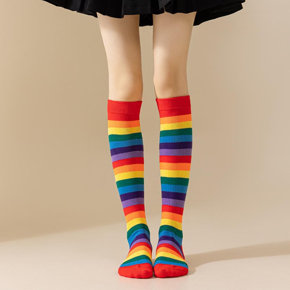 Breathable Cosplay Socks Rainbow Colors Rainbow Striped Socks Funny Calf Socks For Girls A