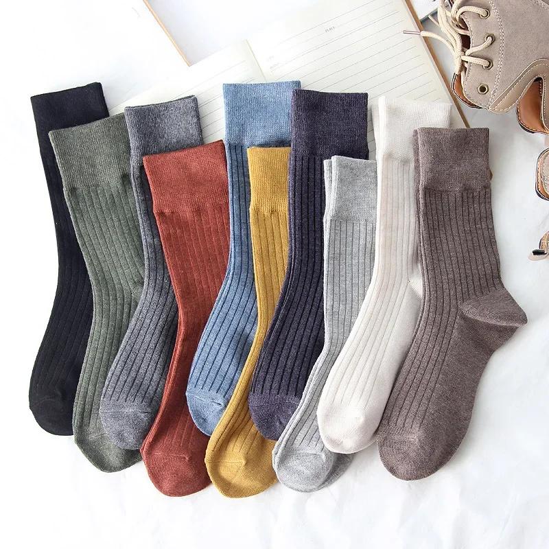 Cotton Knitting Women Socks Fashion Harajuku Retro Lady Girls Loose Long Socks Spring Autumn Solid Color Casual Soft High Socks