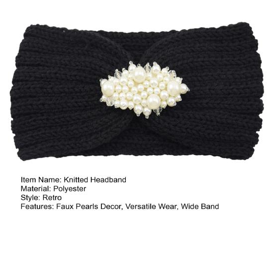 Knitted Headband Soft Stretchy Wide Band Hairband with Faux Pearl Headwrap Winter Hair Accents Solid Color