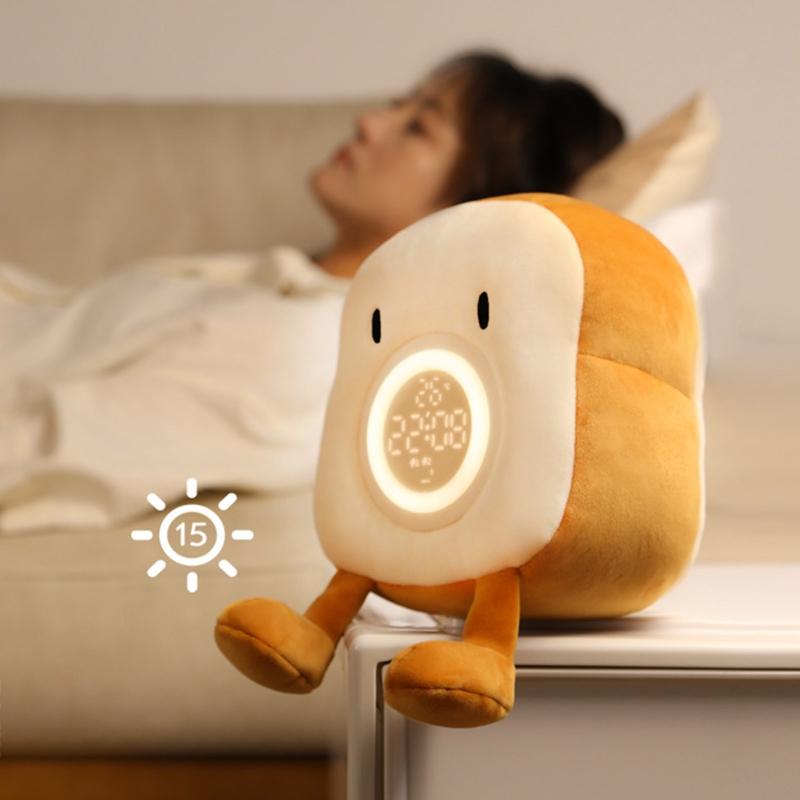 LED Digital Cartoon Alarm Clock Bedroom Night Light Bedside Electronic Clock Soft Plush Toast Shape Alarm Clock