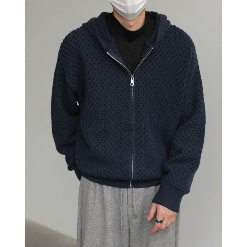 

В язаний кардиган з капюшоном з ажурним візерунком Чоловічий Весняно-осінній Нова Куртка для пари Повсякденний Універсальний Модний Топ XL темно-синього кольору