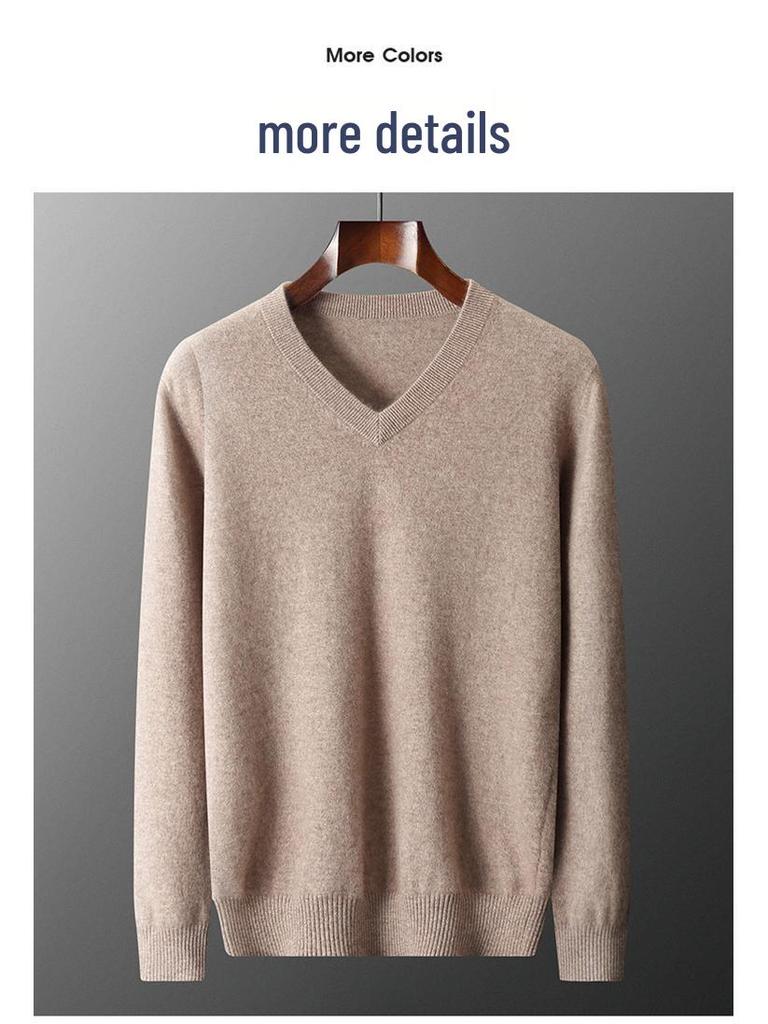 Men's V-Neck Cashmere Sweater, Plus Size, Long Sleeve, Solid Color, Wool Knit, 2023 Autumn/Winter Collection.