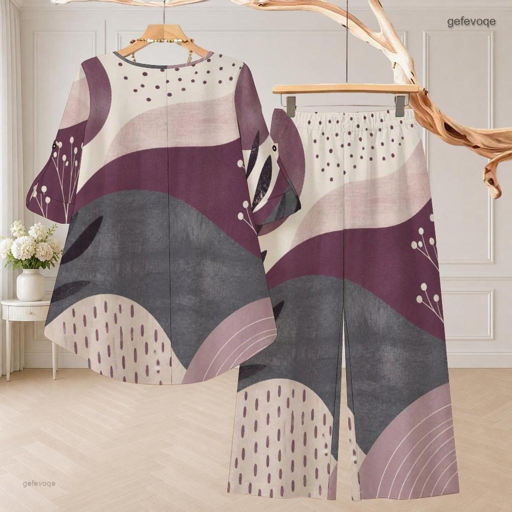 Women Plus Size Printed Two Piece Set Round Neck 3 4 Sleeve High Low Top And Wide Leg Pants