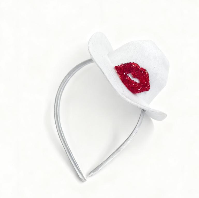 Valentine s Day Wedding Pink Lips Headband Cowboy Hat Diamond Lips Rose Party Cowboy Hat белый