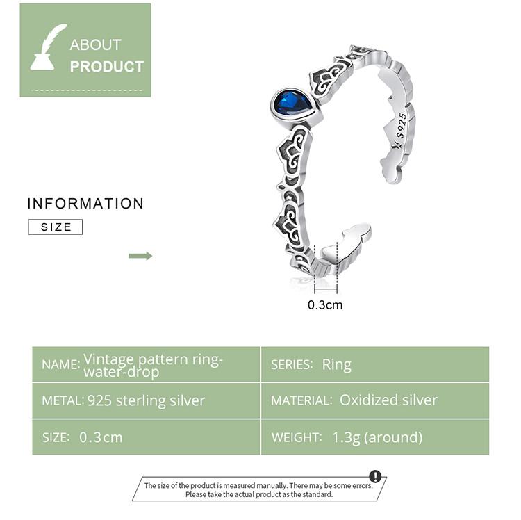 WOSTU Bague ajustable en argent Sterling 925 pour femmes, motif Vintage et goutte d'eau, bijoux à la mode