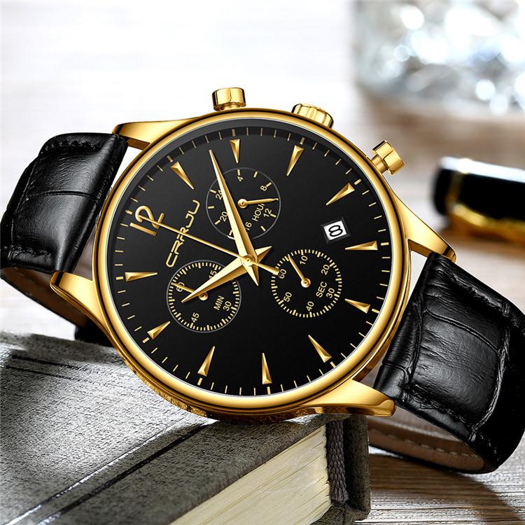CRRJU New Leather Strap Men's Watch 2313 Steel Strap Watch Simple Business Personality Men Fashion Waterproof