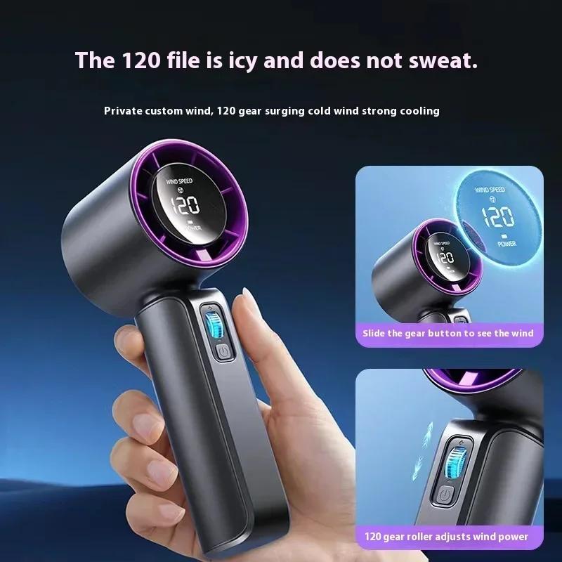 Novo Ventilador Portátil Mini Portátil de Mão para Exterior com 120 Velocidades de Vento Alto, Arrefecimento Portátil, Display Digital, Recarregável por USB
