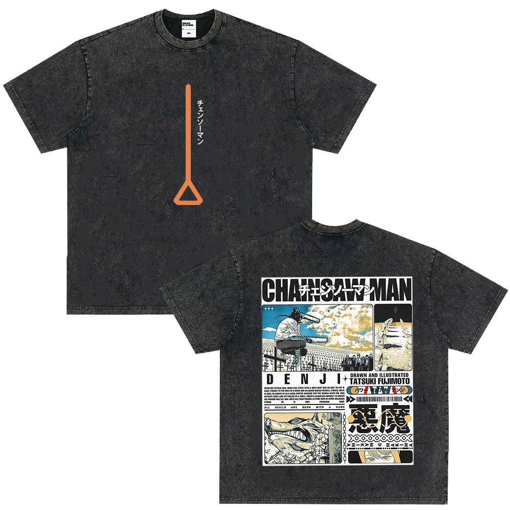 Japanese Anime Chainsaw Man Kobeni Metal Denji Tshirt Vintage Washed Manga Graphic T Shirts Unisex Couples Short Sleeve T Shirt