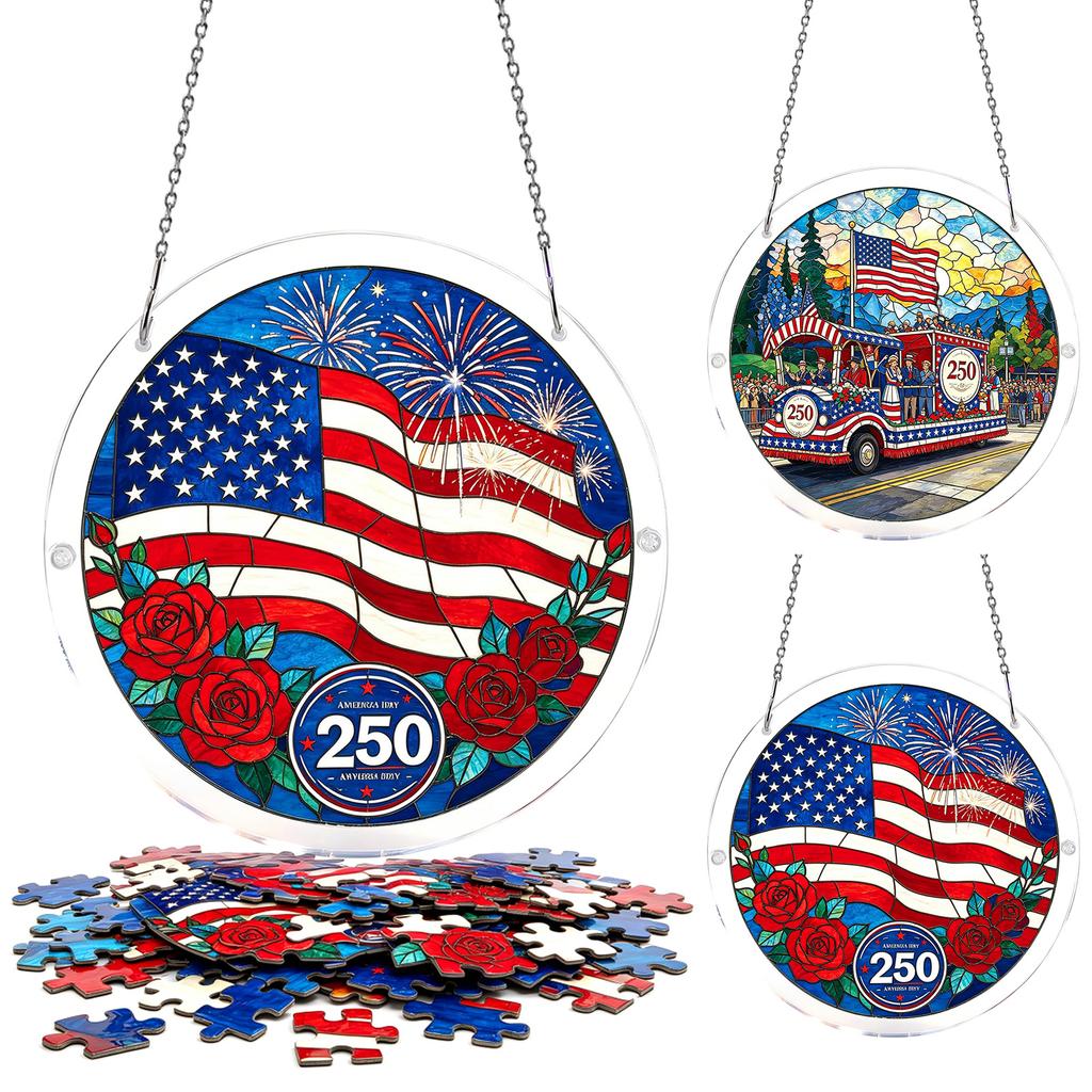 250th Anniversary USA Suncatcher Glass Window Hanging Independence Day Home Garden Decor Gift 1776 2026 Round Panel
