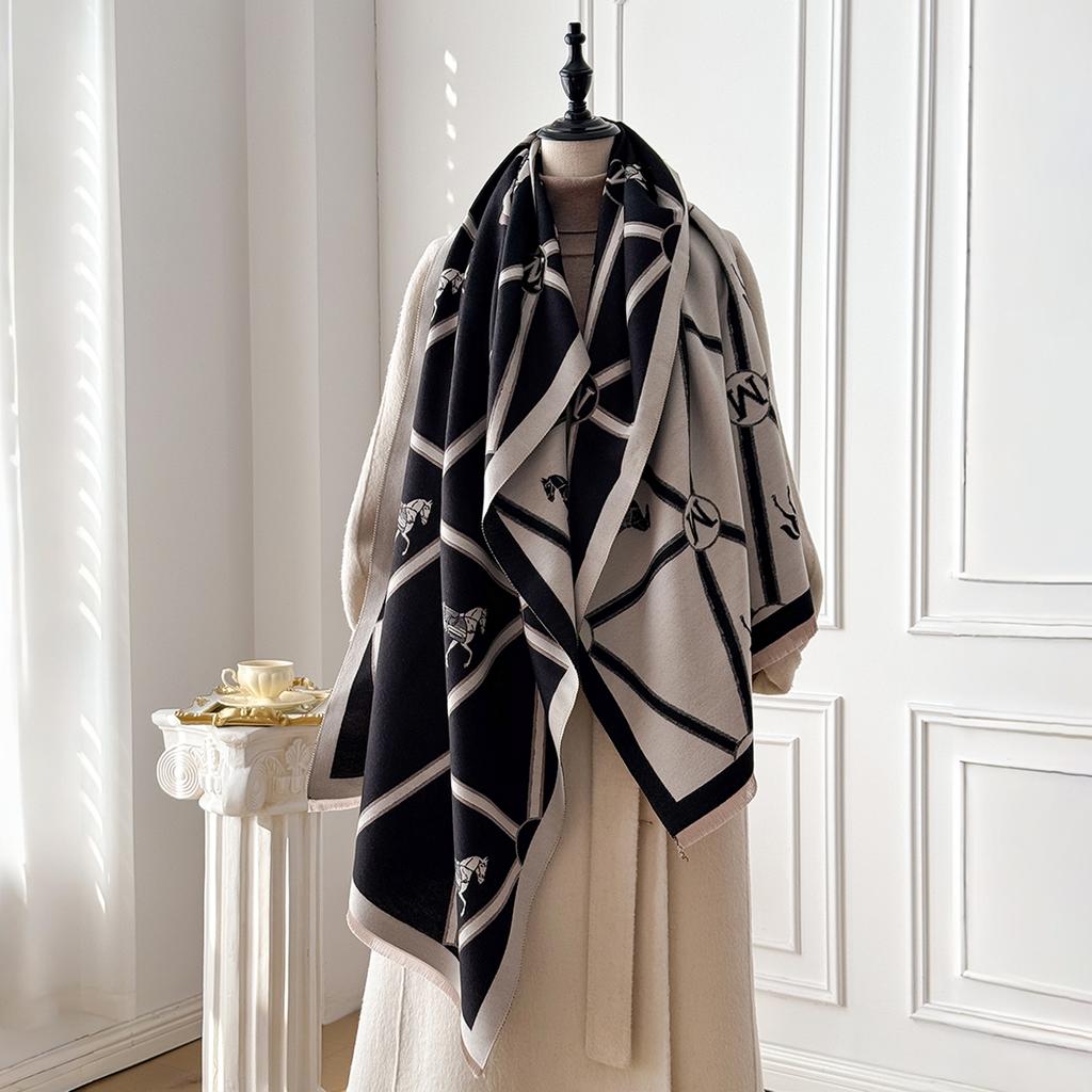 Elegant Geometric Print Faux Pashmina Shawl - Soft Warm Fringed, Ideal For Autumn & Winter Outdoor