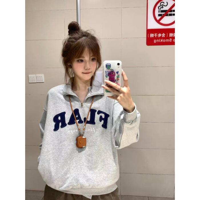 American retro lapel half zipper sweater women s winter polo stand-up collar jacket heavy loose casual couple top M