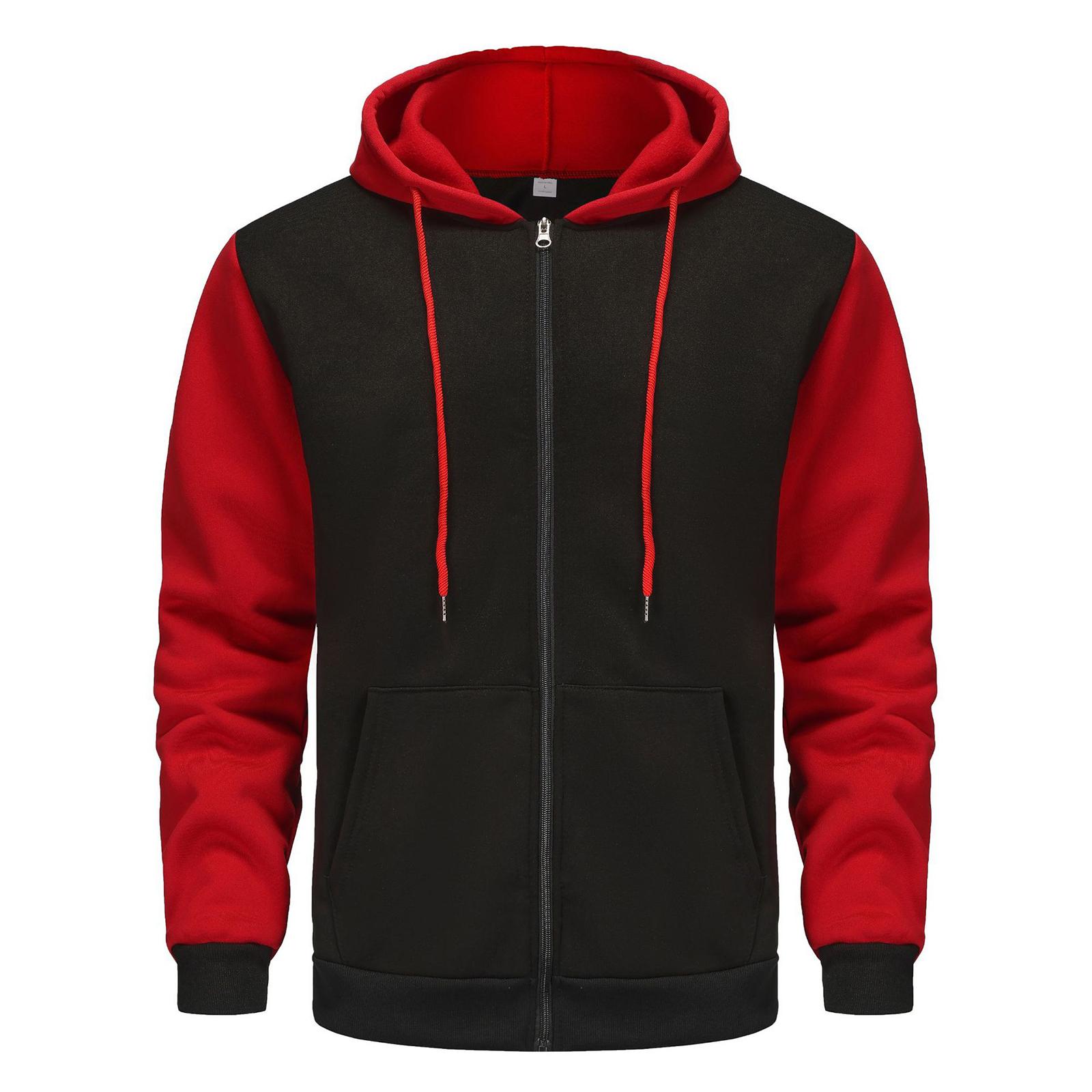 

Мужской пуловер на молнии с длинным рукавом, повседневная толстовка с капюшоном в стиле колор-блок, на шнурке, спортивная зимняя куртка с карманом XL красный