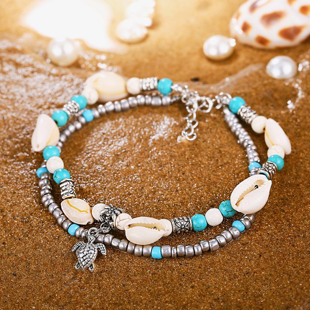 Fashion Bohemian Shell Turtle Pendant Double Layers Anklets