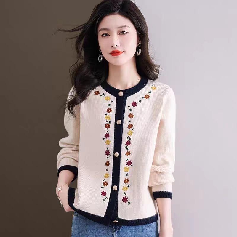 

Лоскутный вышитый вязаный кардиган для женщин однотонный повседневный свитер-пальто осень-зима с круглым вырезом топ L бежевый