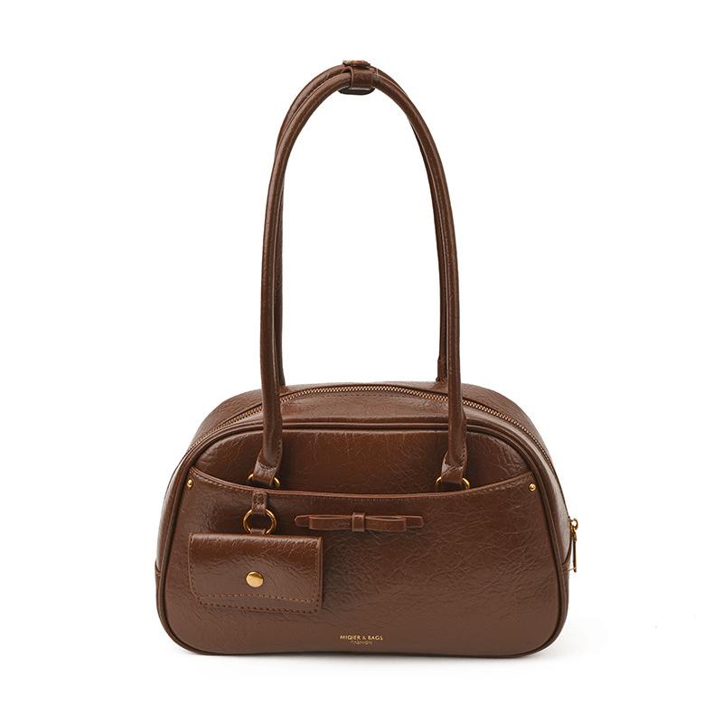 

British style retro portable bowling bag women s fashion high-end underarm bag large capacity Boston bag коричневий