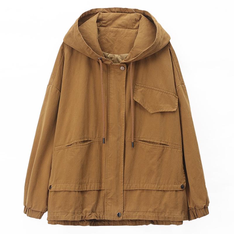 2024 Plus Size Hooded Trench Coat for Women - Loose Fit Spring & Autumn Workwear Jacket