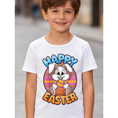 European Sizes Kids Easter T-Shirt Cute Cartoon Bunny& Print Happy Easter White Casual Soft Children's Holiday Outfit