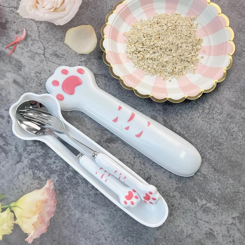 Stainless Steel Spoon and Fork Set with Storage Box Portable Tableware Cute Cat Paw Shaped Dinnerware Kit for Adults Kids School