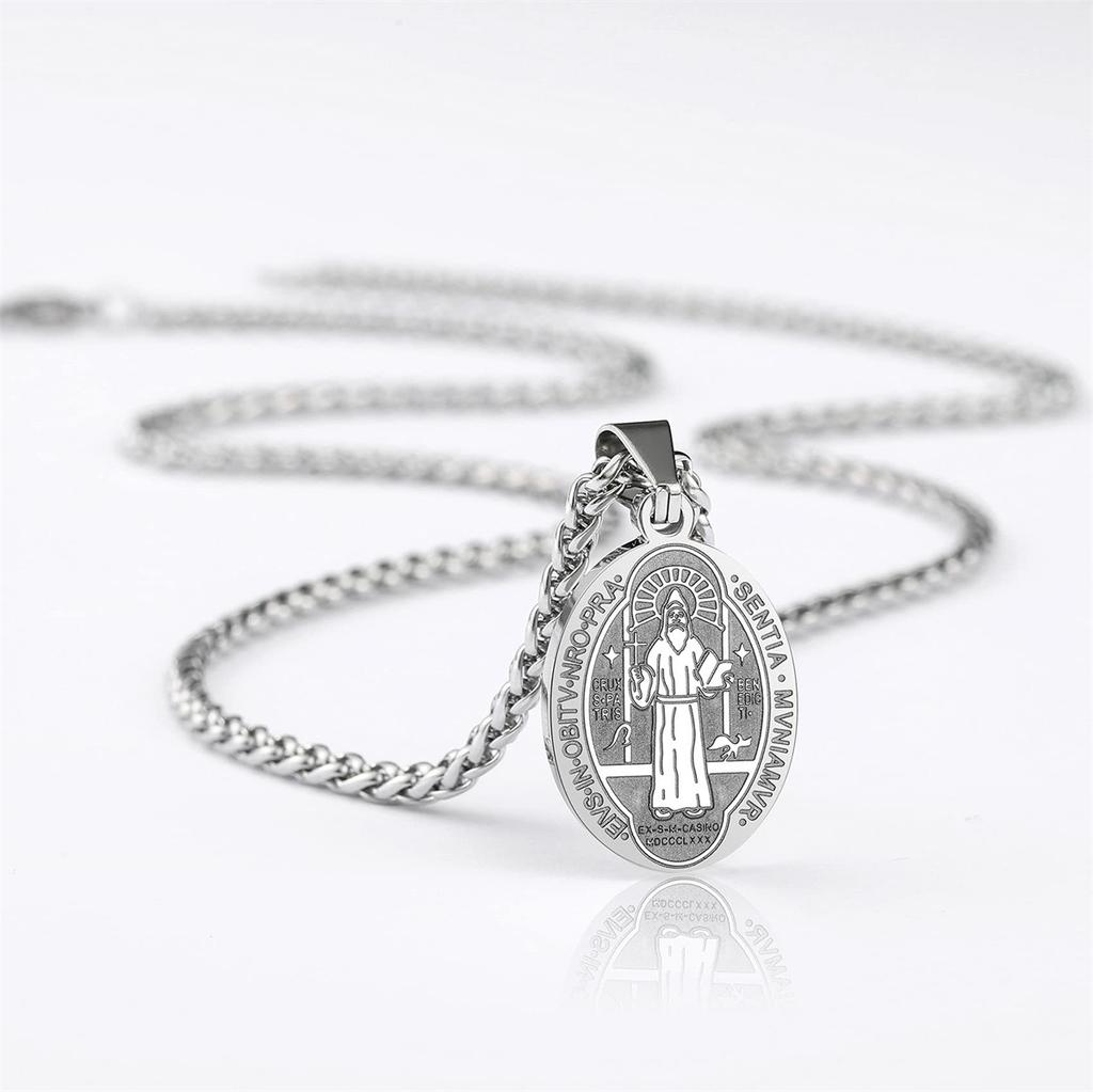 Stainless Steel Saint Benedict Medal Pendant Necklace