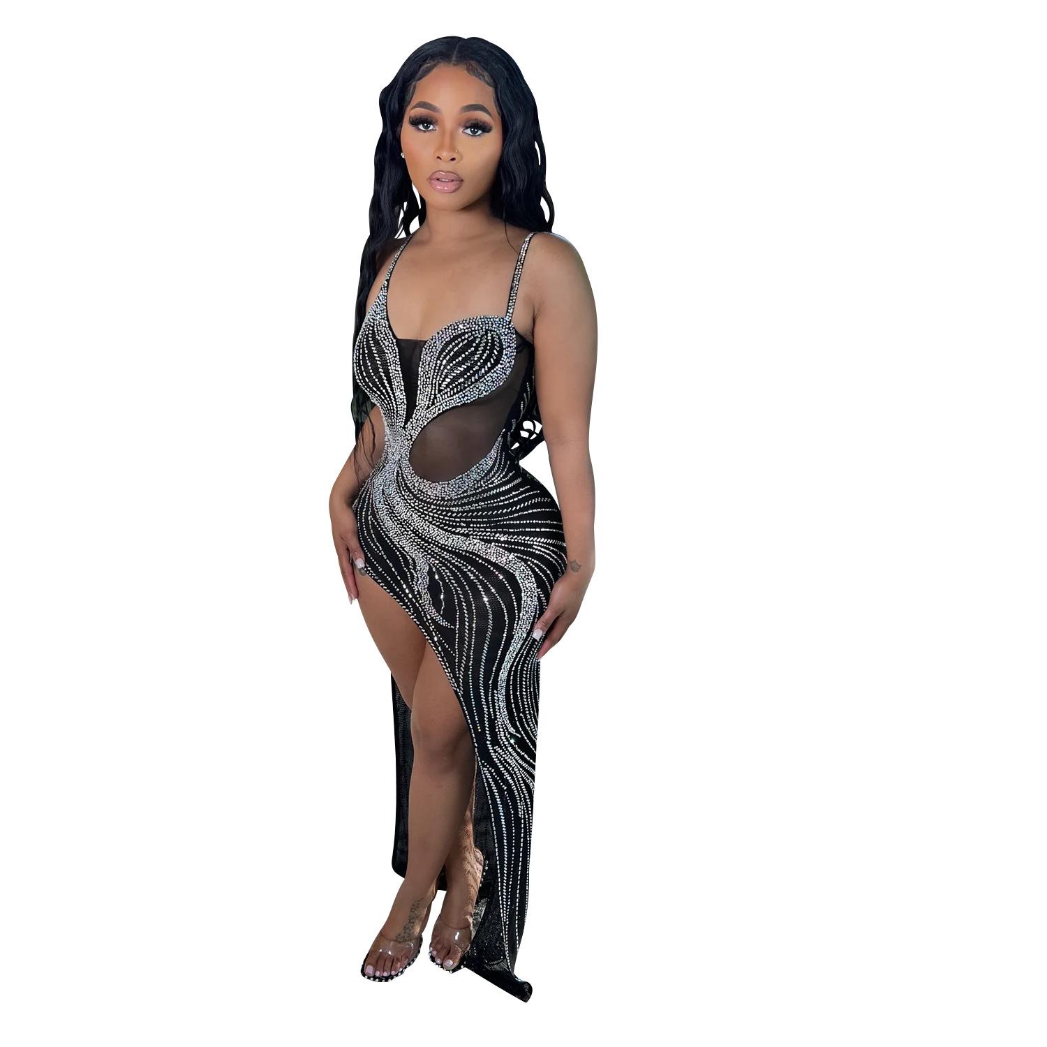 

OS6847 Summer Sexy Mesh Diamond Nightclub Dress for Women Large чорний