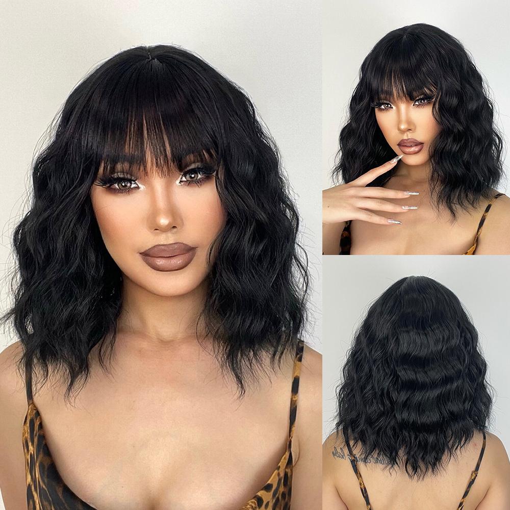 MISS WIG Short Bob Wavy Synthetic Wig For Women With Bangs Blonde Ombre Medium Wig Heat Resistant Fiber Hair Party Cosplay
