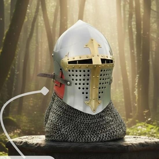 Handmade Medieval Bascinet Barbuta Helmet, Steel Knight Helmet with Chainmail Aventail LARP, Reenactment Gift