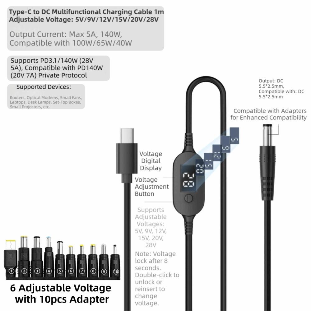 Digitales Display USB C auf DC 5525 Konverter 5V/9V/12V/15V/20V mit 28/34 Anschlussspitzen Typ-C zu DC Stromkabel