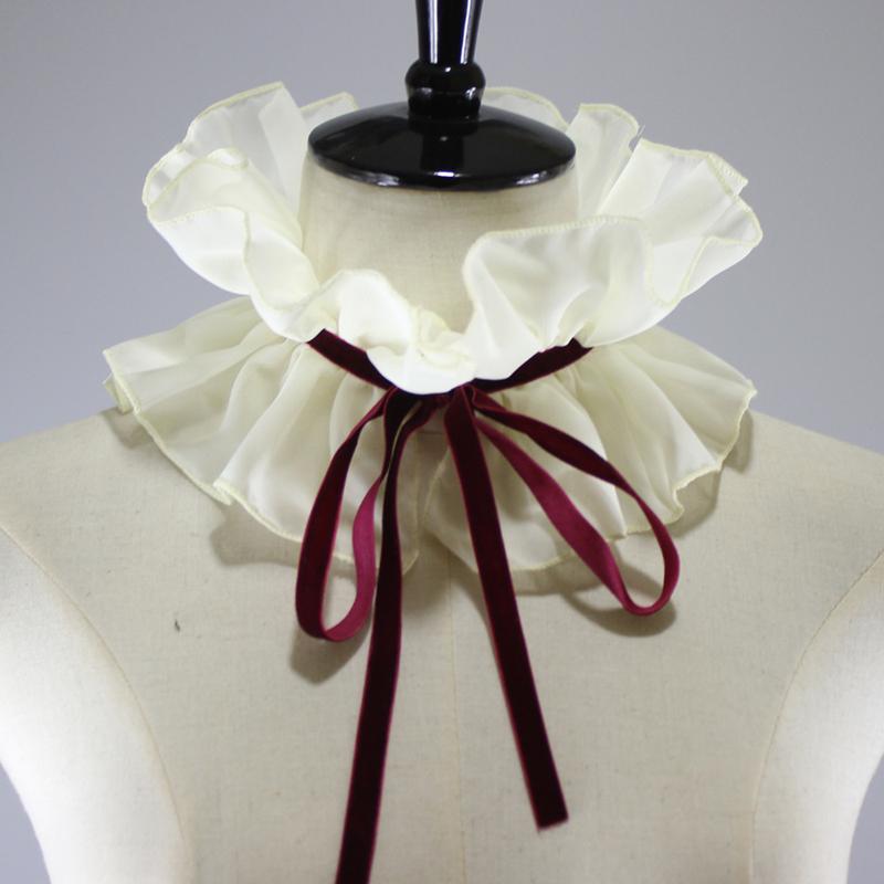 Vintage Chiffon Beige Ruffled Detachable Collar Ribbon Lace Up Scarf Costume Palace Collar Autumn Winter Decorative Fake Collar