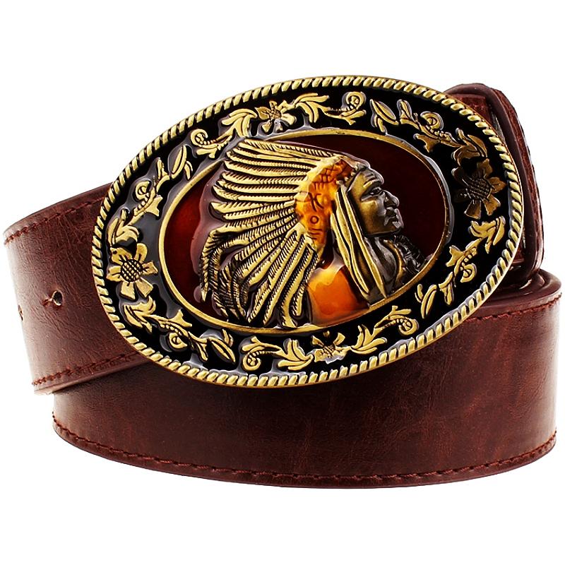 Native American Indian Man Tribe Myth Metal Buckle Leather Belt Man Women Jeans Waistband Daily Wear Street Casual Trouser
