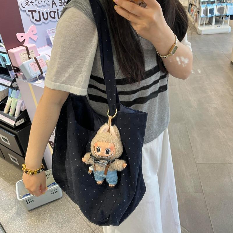Korean polka dot canvas bag, new lazy style casual versatile commuter cloth bag single shoulder tote bag large capacity
