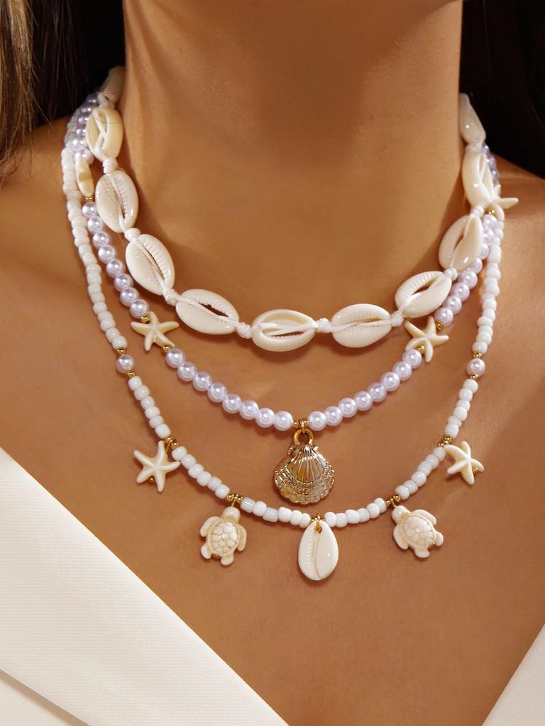 3Pcs/Set Vacation Shell Turtle Starfish Faux Pearl Beaded Necklace Summer Beach Ocean Theme Boho Jewelry For Women