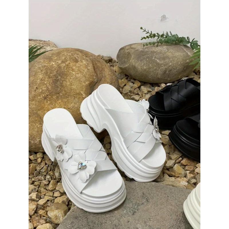 Women's Stylish White Platform Sandals with Transparent Flower Design - Open-Toe Summer Slippers with Thick Sole for Comfort and Height Enhancement